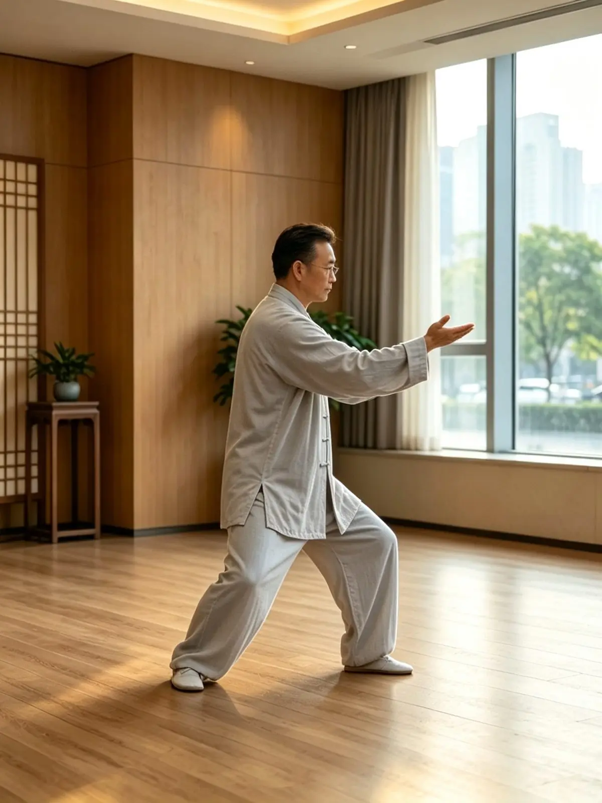 A practitioner demonstrating a traditional Chinese movement practice in a light-filled Shanghai studio